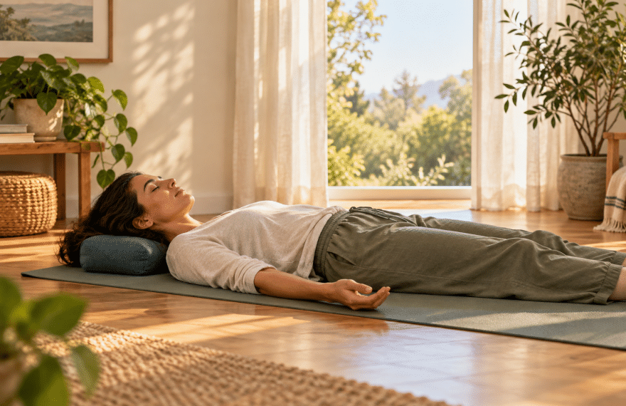 A fictional adult resting on a yoga mat in a dry sunlit room