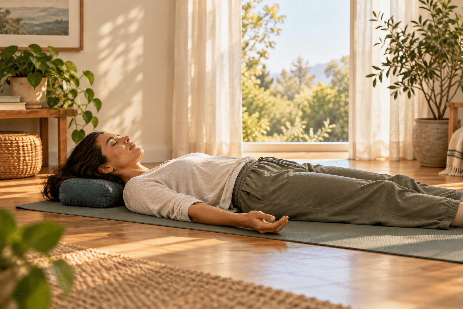 A fictional adult resting on a yoga mat in a dry sunlit room