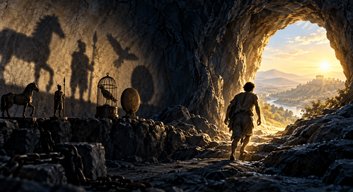 Conceptual illustration of a person leaving a shadow-filled cave for sunlight, inspired by Plato’s allegory.
