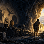 Conceptual illustration of a person leaving a shadow-filled cave for sunlight, inspired by Plato’s allegory.