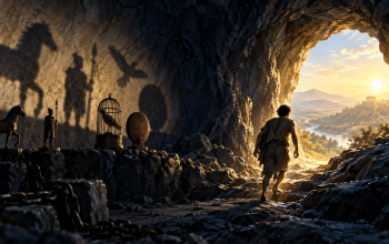 Conceptual illustration of a person leaving a shadow-filled cave for sunlight, inspired by Plato’s allegory.
