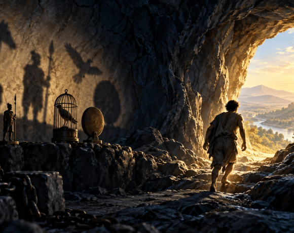 Conceptual illustration of a person leaving a shadow-filled cave for sunlight, inspired by Plato’s allegory.