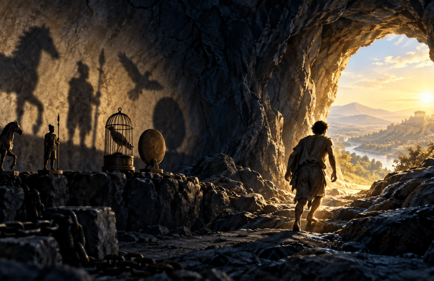 Conceptual illustration of a person leaving a shadow-filled cave for sunlight, inspired by Plato’s allegory.