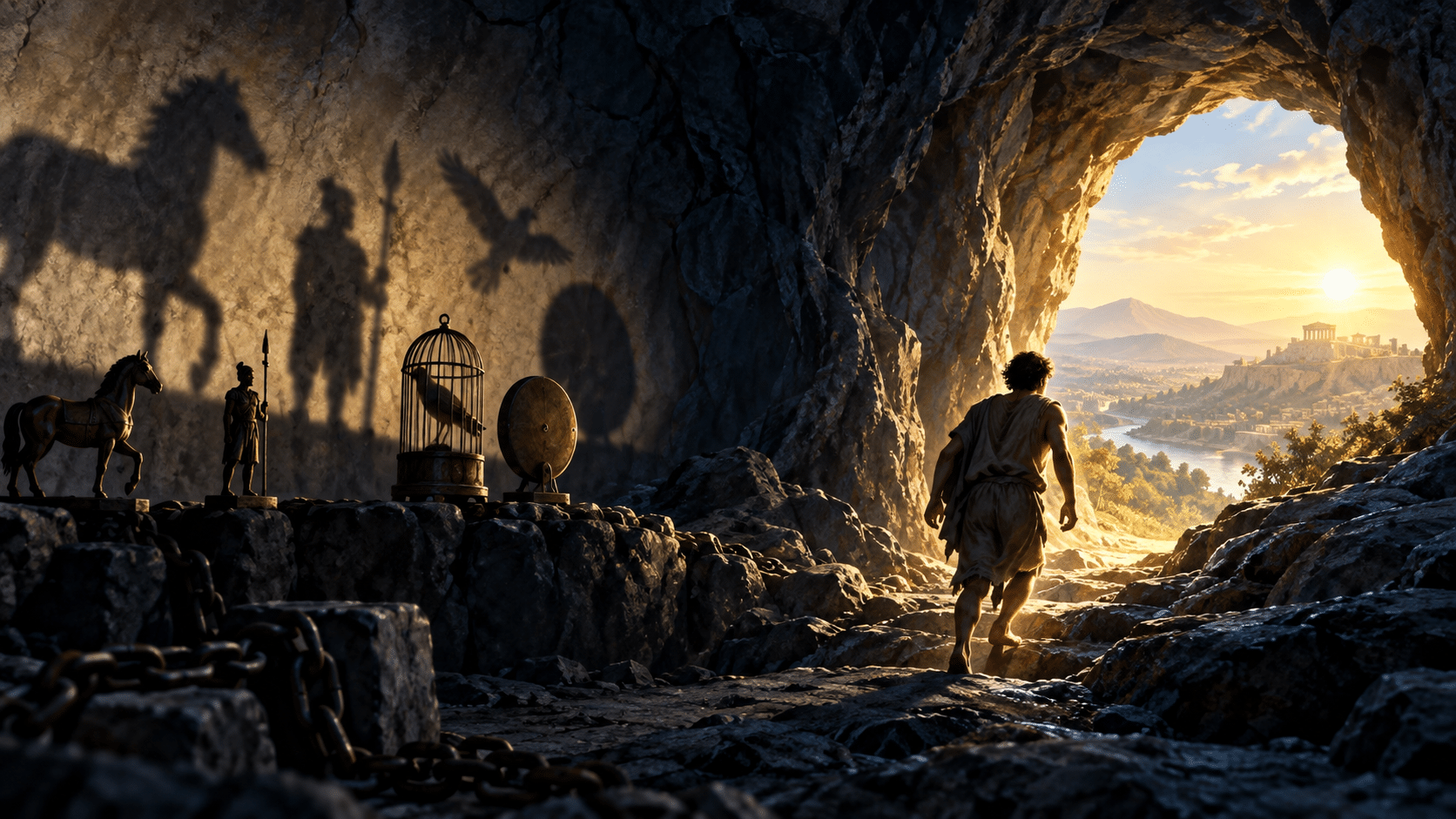 Conceptual illustration of a person leaving a shadow-filled cave for sunlight, inspired by Plato’s allegory.