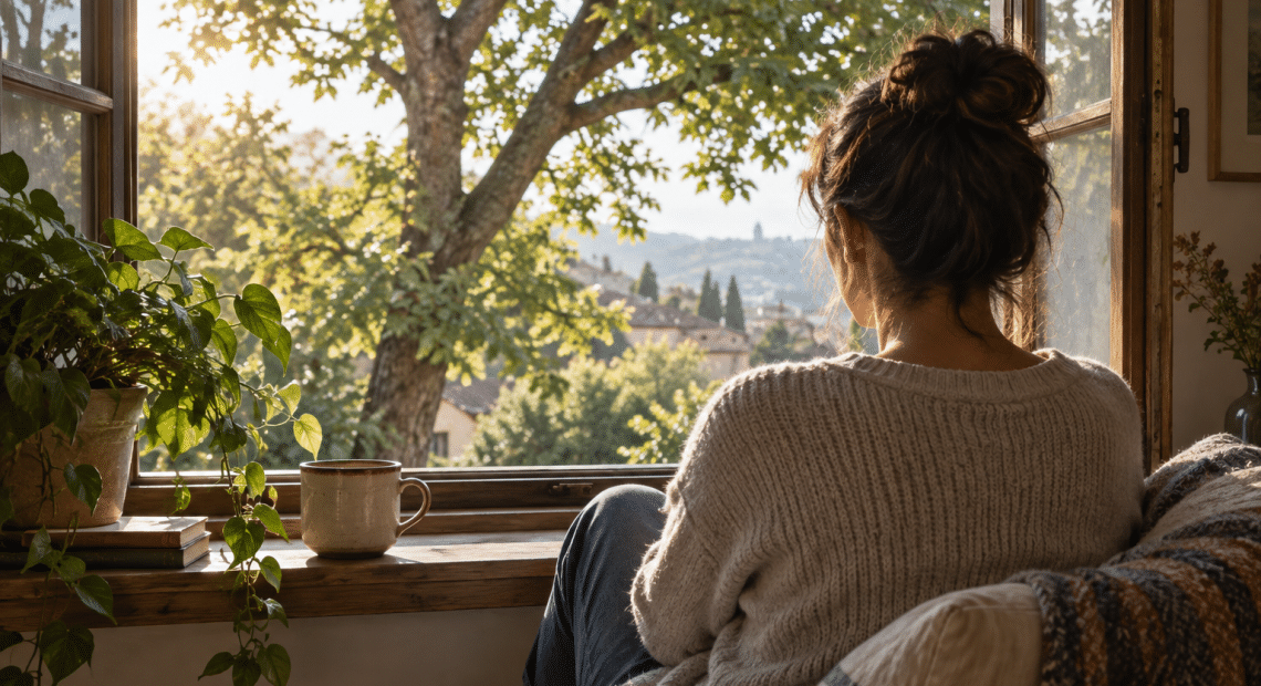 Illustration of a person quietly looking through an open window at a sunlit tree, evoking everyday presence.