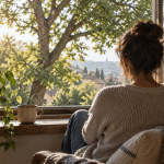 Illustration of a person quietly looking through an open window at a sunlit tree, evoking everyday presence.