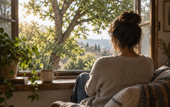 Illustration of a person quietly looking through an open window at a sunlit tree, evoking everyday presence.
