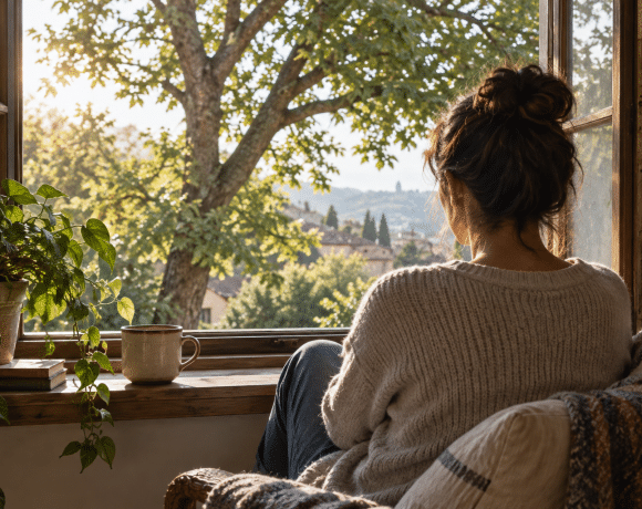 Illustration of a person quietly looking through an open window at a sunlit tree, evoking everyday presence.