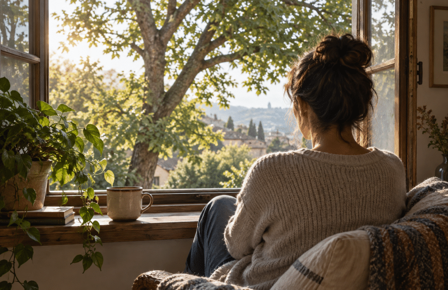 Illustration of a person quietly looking through an open window at a sunlit tree, evoking everyday presence.
