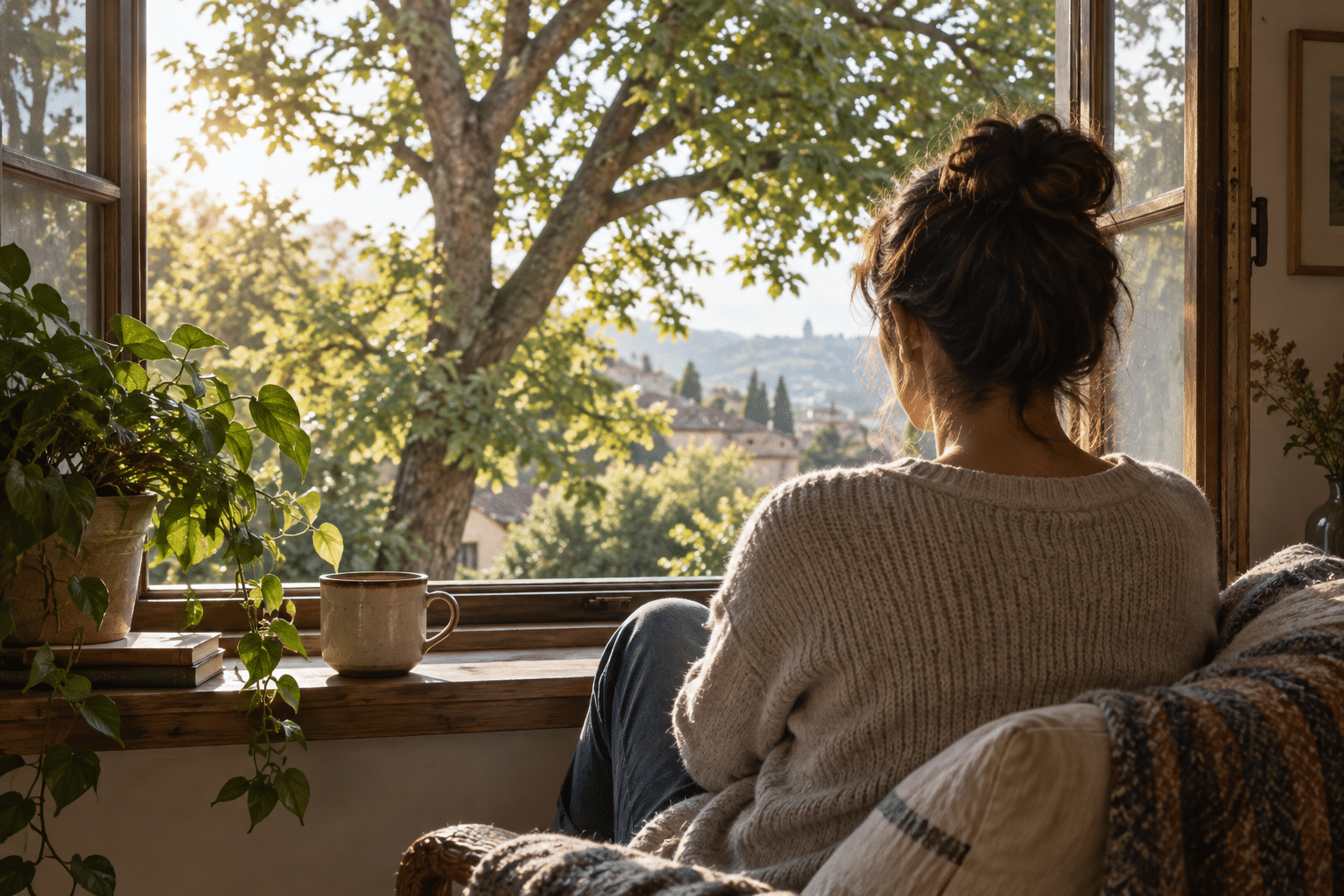 Illustration of a person quietly looking through an open window at a sunlit tree, evoking everyday presence.