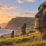 Artist’s illustration of weathered moai statues above the Rapa Nui coastline in warm dawn light.