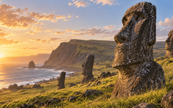 Artist’s illustration of weathered moai statues above the Rapa Nui coastline in warm dawn light.