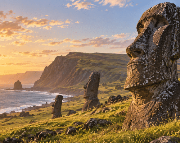Artist’s illustration of weathered moai statues above the Rapa Nui coastline in warm dawn light.
