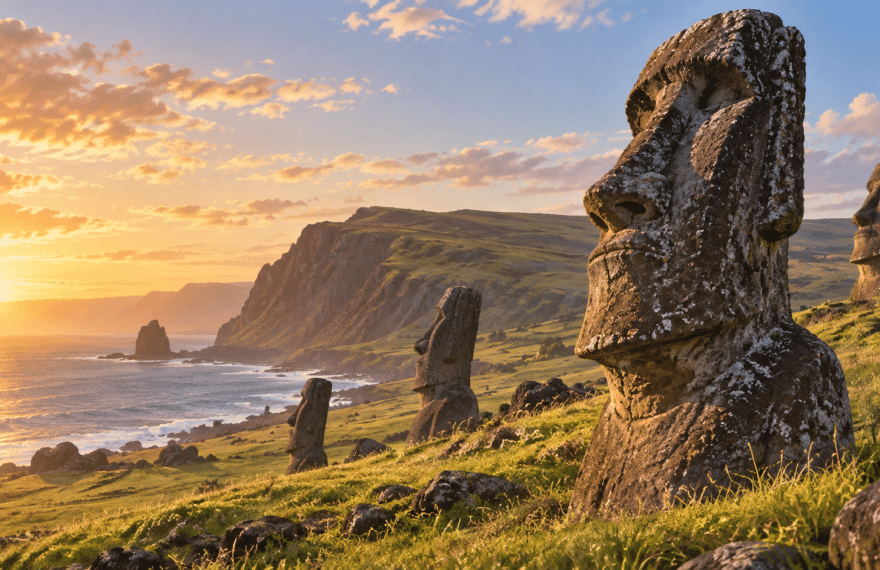 Artist’s illustration of weathered moai statues above the Rapa Nui coastline in warm dawn light.