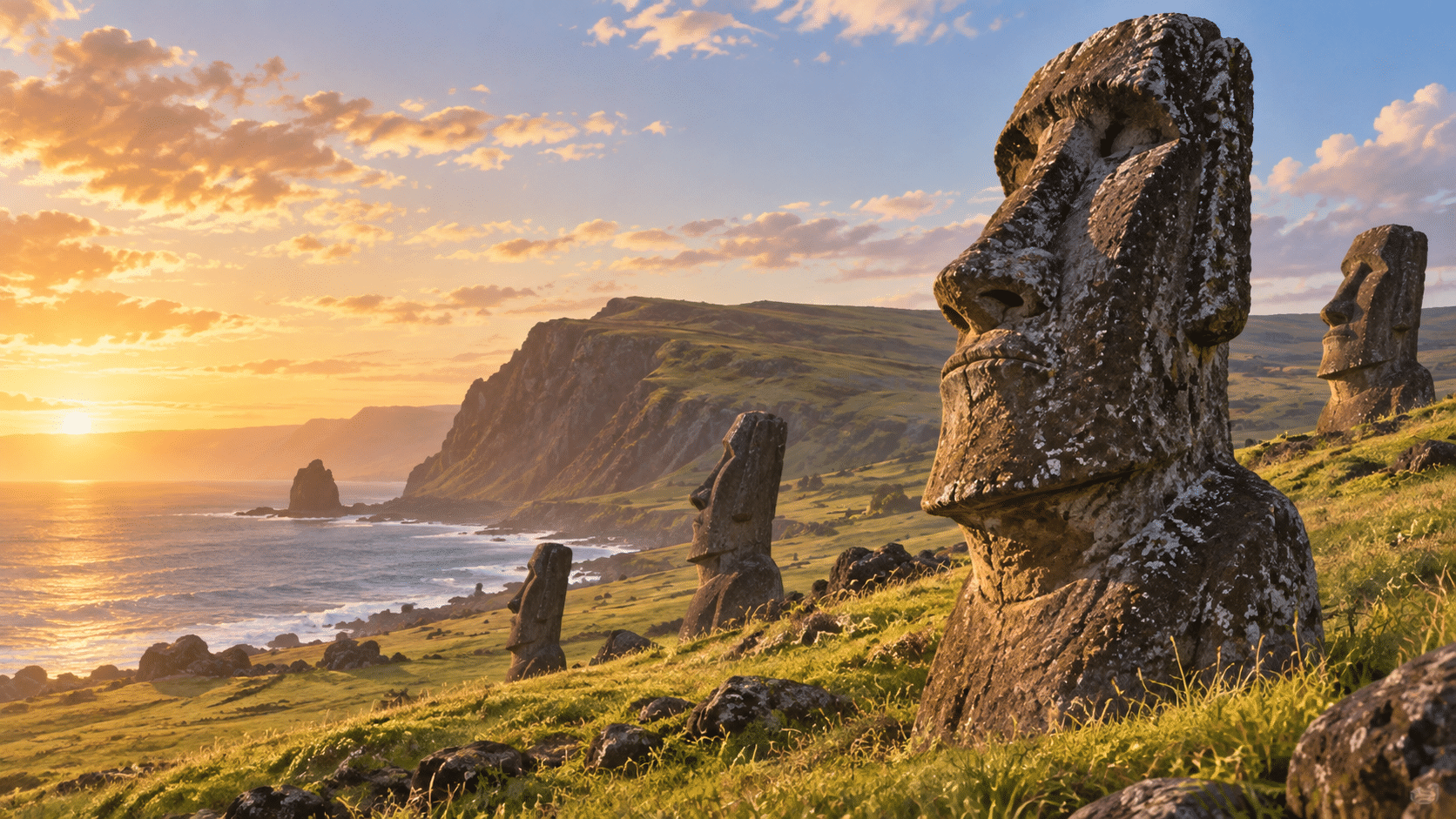 Artist’s illustration of weathered moai statues above the Rapa Nui coastline in warm dawn light.