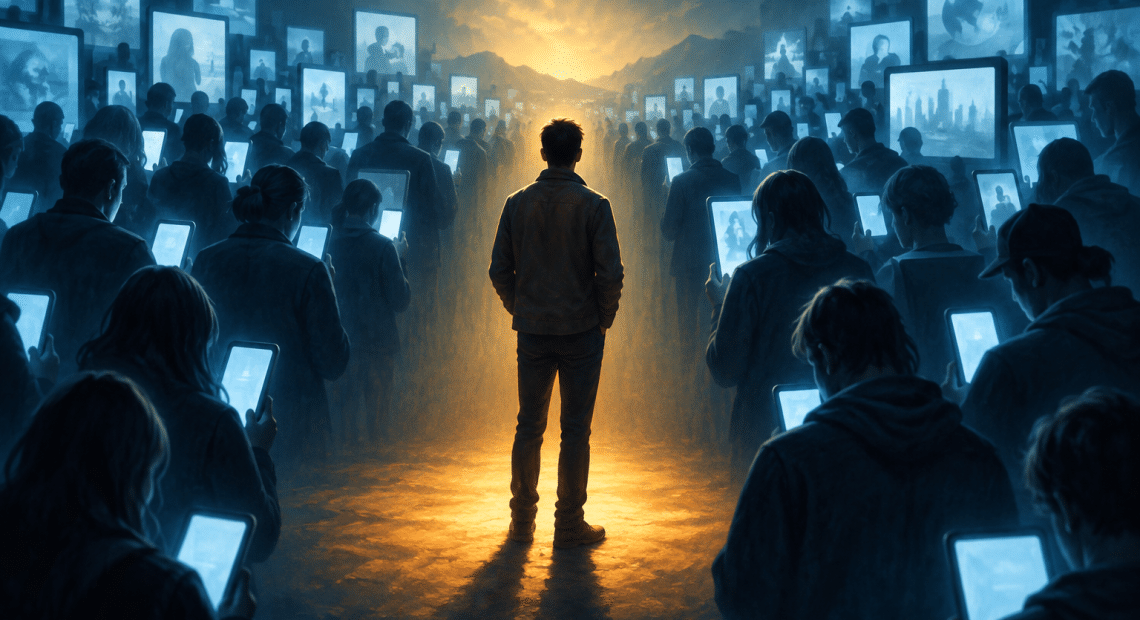 A person pauses in warm light amid a crowd surrounded by blue screens, symbolizing independent thought