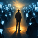 A person pauses in warm light amid a crowd surrounded by blue screens, symbolizing independent thought