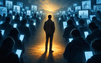 A person pauses in warm light amid a crowd surrounded by blue screens, symbolizing independent thought