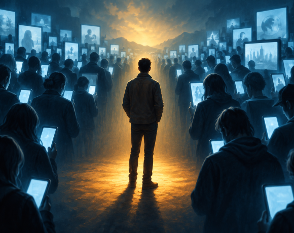 A person pauses in warm light amid a crowd surrounded by blue screens, symbolizing independent thought