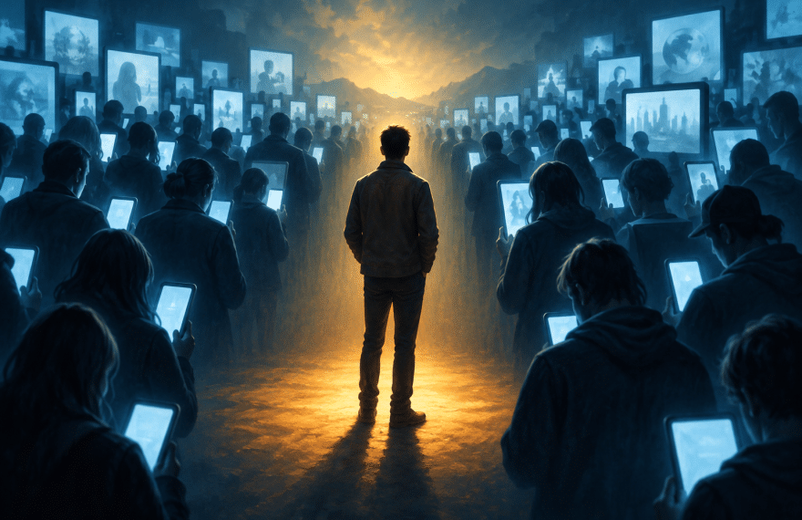 A person pauses in warm light amid a crowd surrounded by blue screens, symbolizing independent thought