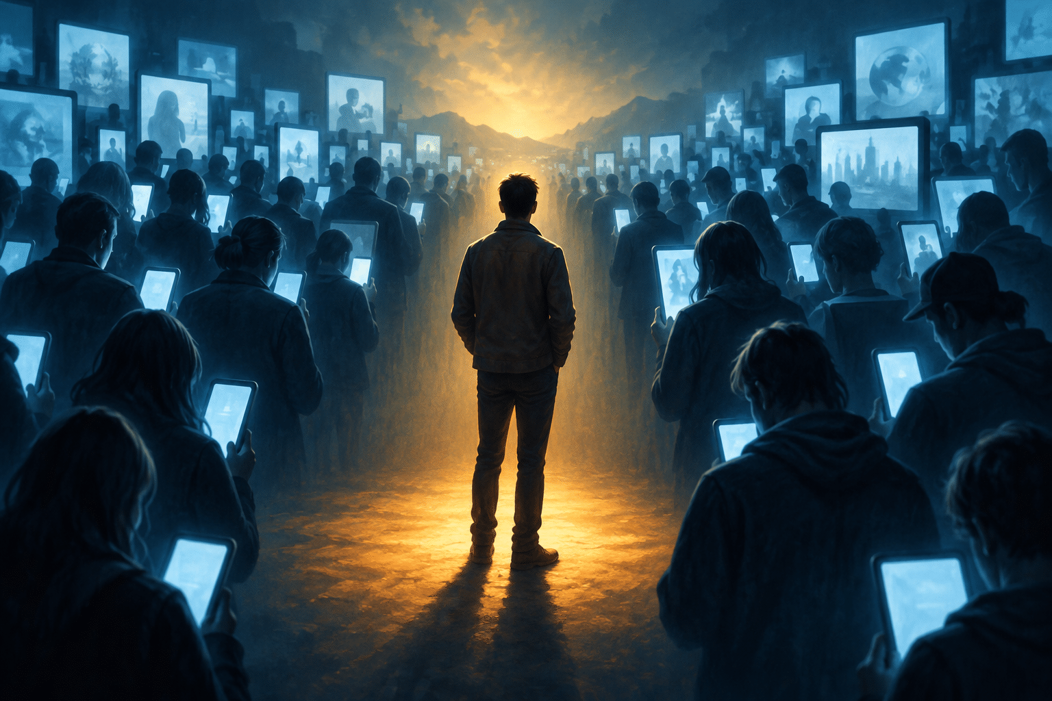 A person pauses in warm light amid a crowd surrounded by blue screens, symbolizing independent thought