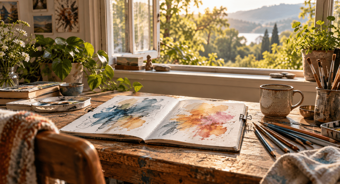 An open watercolor sketchbook and paintbrushes on a sunlit table beside a window.