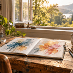 An open watercolor sketchbook and paintbrushes on a sunlit table beside a window.