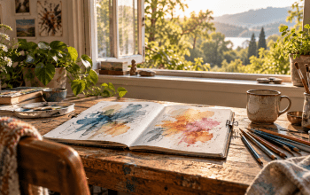An open watercolor sketchbook and paintbrushes on a sunlit table beside a window.