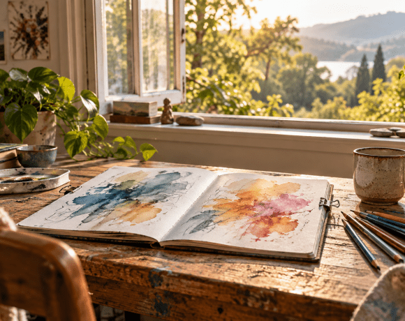 An open watercolor sketchbook and paintbrushes on a sunlit table beside a window.
