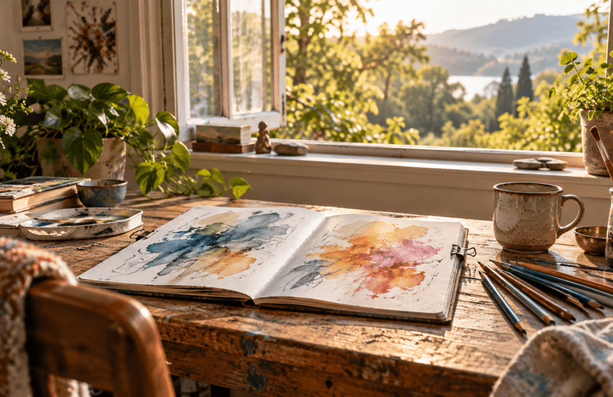 An open watercolor sketchbook and paintbrushes on a sunlit table beside a window.