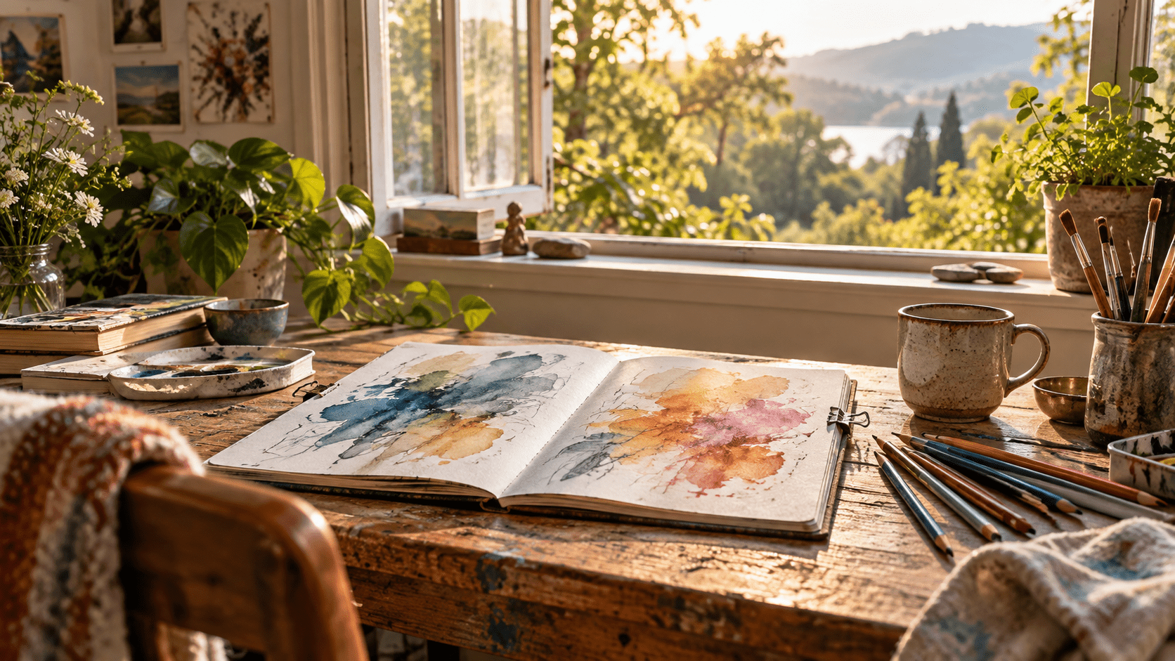 An open watercolor sketchbook and paintbrushes on a sunlit table beside a window.