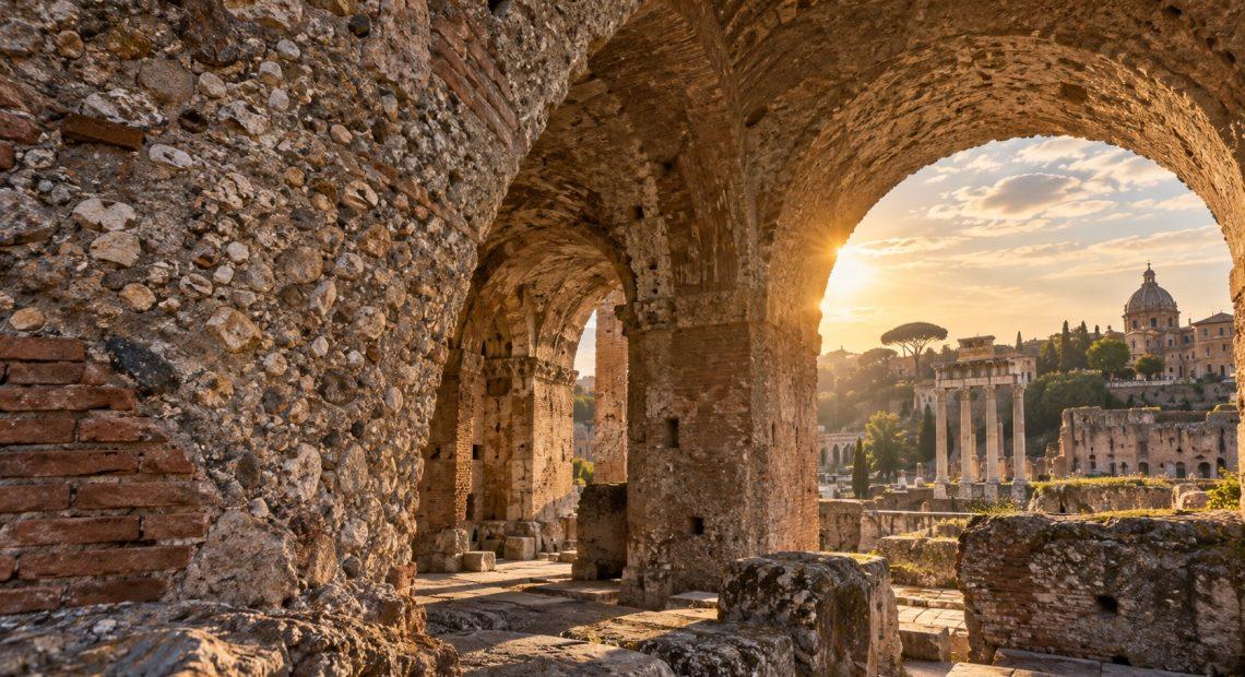 Illustration of ancient Roman concrete arches and exposed stone aggregate in warm sunlight.