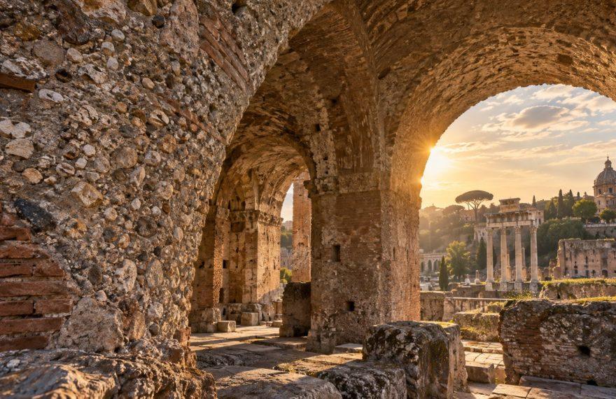 Illustration of ancient Roman concrete arches and exposed stone aggregate in warm sunlight.