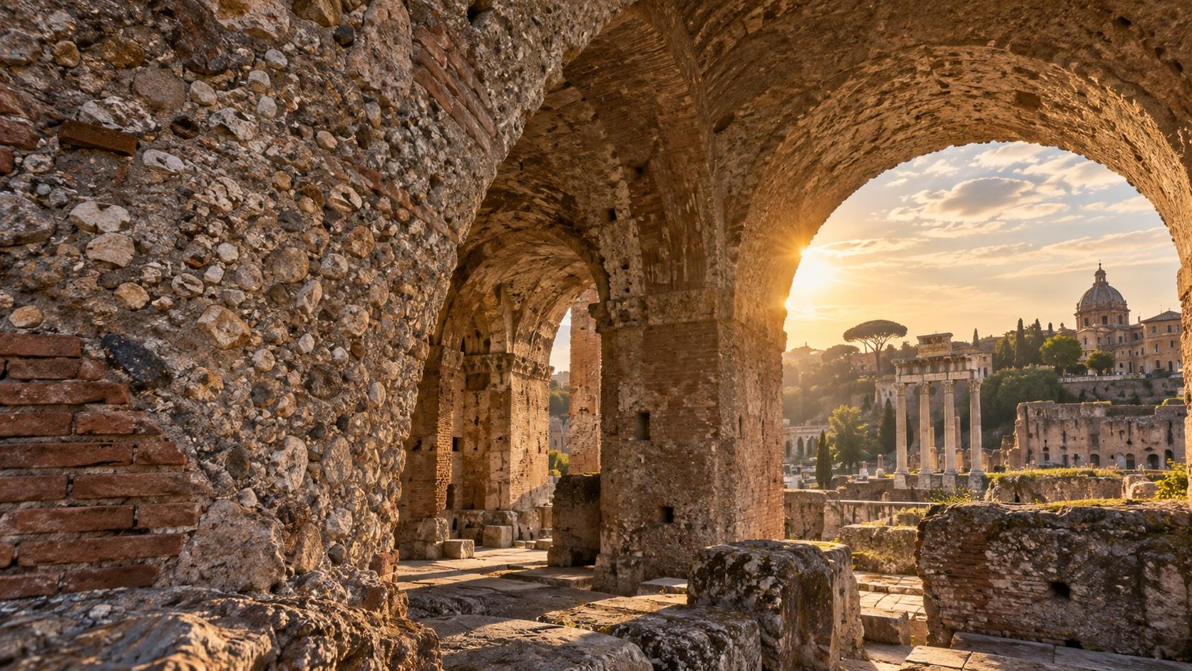 Illustration of ancient Roman concrete arches and exposed stone aggregate in warm sunlight.