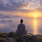 Illustration of a seated person contemplating a still sea at sunrise, evoking spiritual awakening and presence.