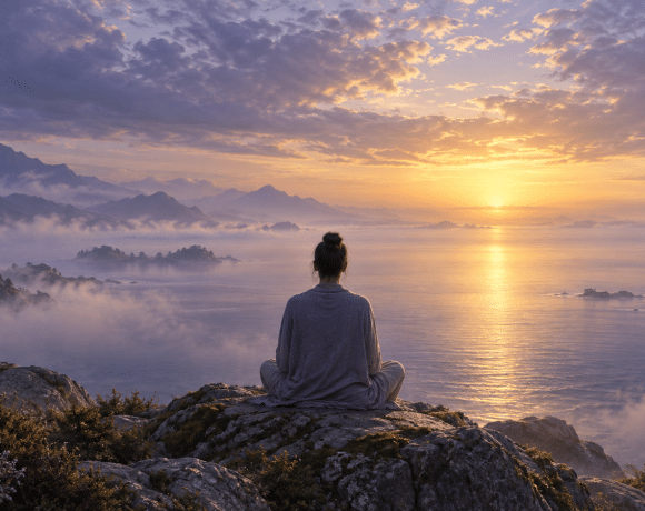 Illustration of a seated person contemplating a still sea at sunrise, evoking spiritual awakening and presence.
