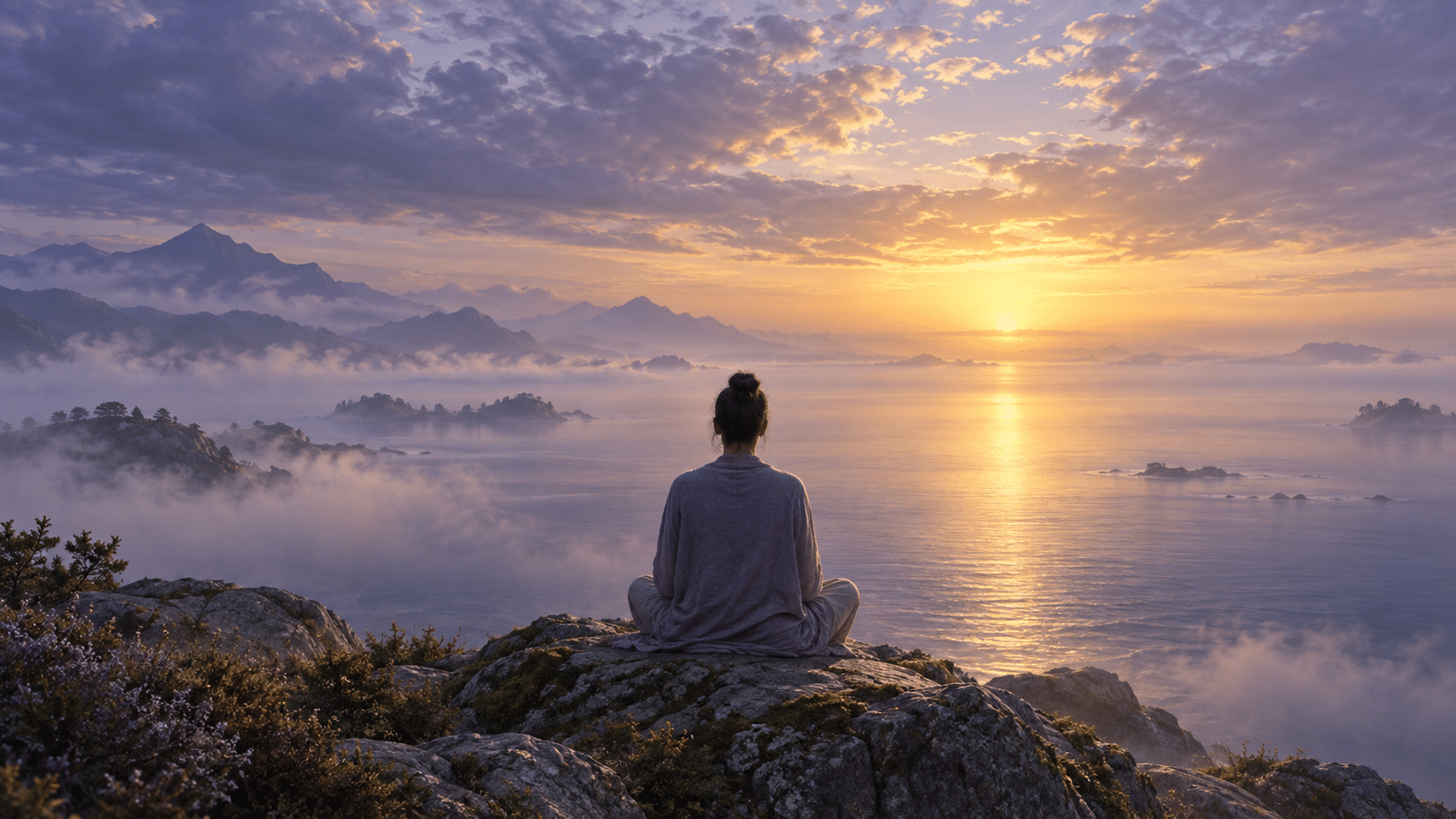 Illustration of a seated person contemplating a still sea at sunrise, evoking spiritual awakening and presence.