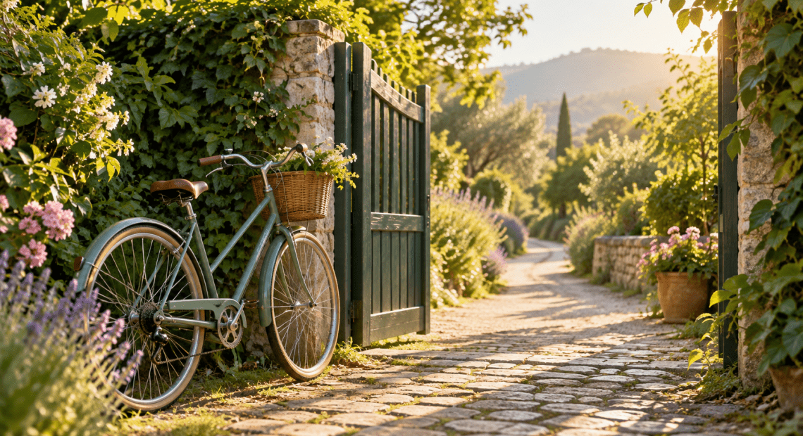 A bicycle beside an open garden gate on a sunlit path.