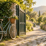 A bicycle beside an open garden gate on a sunlit path.