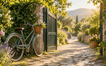 A bicycle beside an open garden gate on a sunlit path.