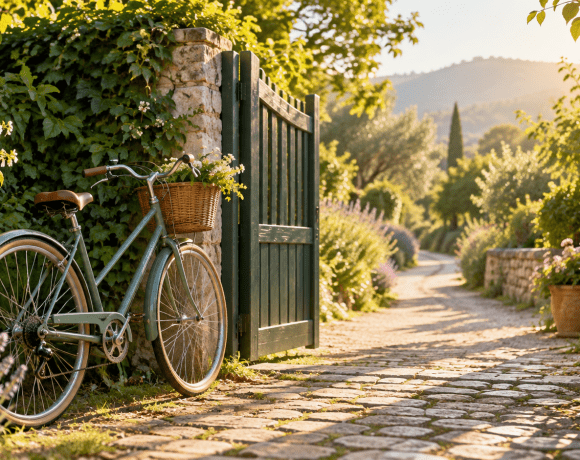 A bicycle beside an open garden gate on a sunlit path.