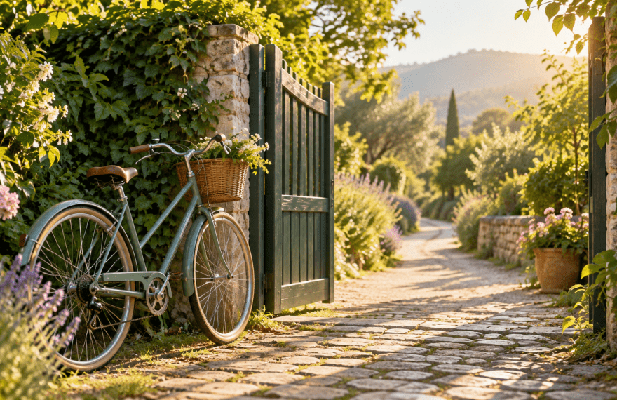 A bicycle beside an open garden gate on a sunlit path.