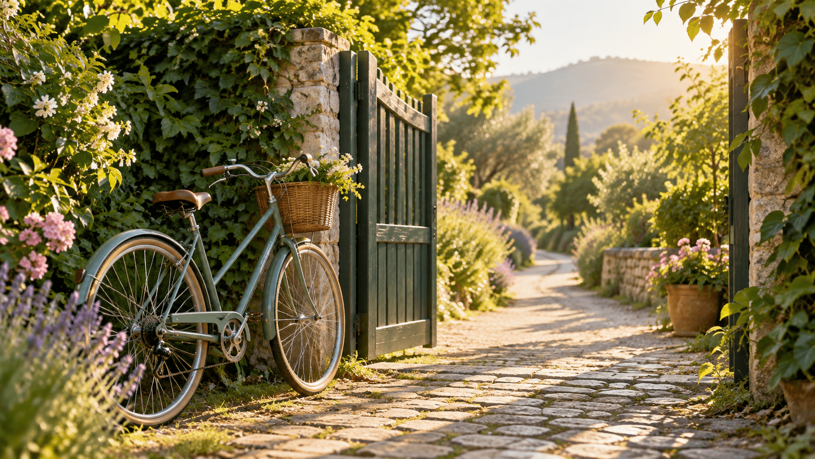 A bicycle beside an open garden gate on a sunlit path.