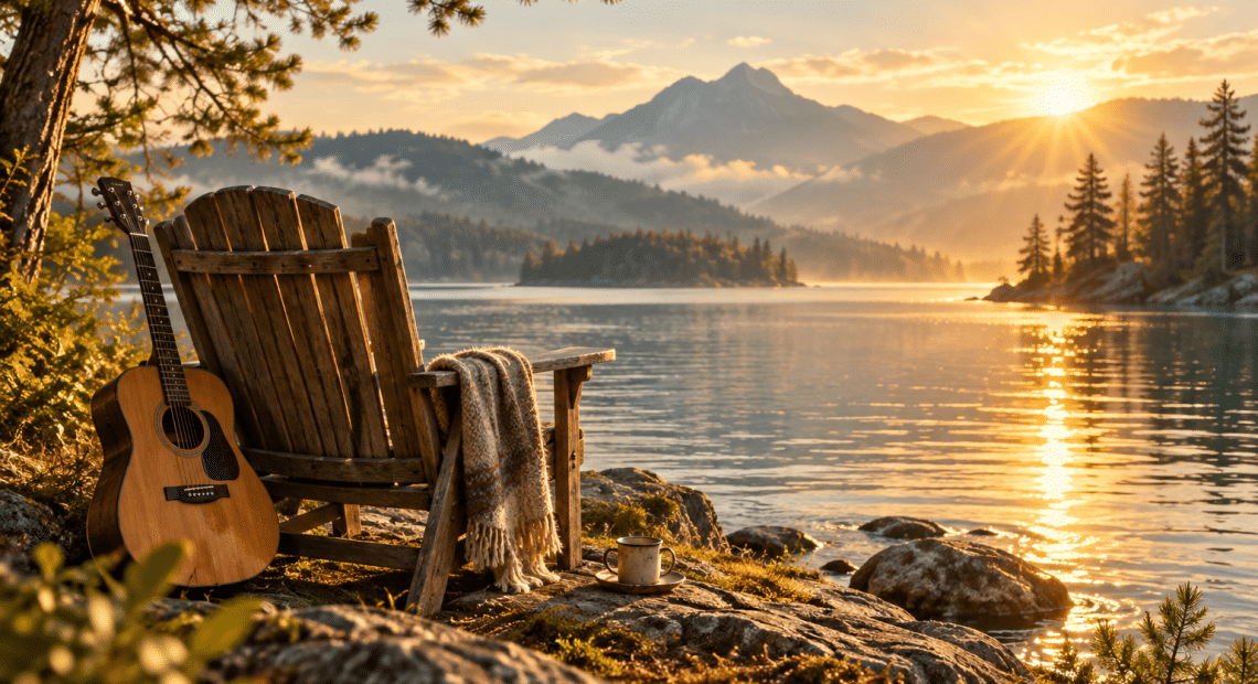 A chair and acoustic guitar beside a sunlit lake, evoking presence and unhurried living