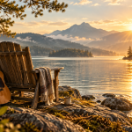 A chair and acoustic guitar beside a sunlit lake, evoking presence and unhurried living