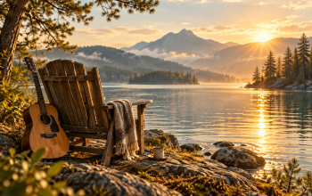 A chair and acoustic guitar beside a sunlit lake, evoking presence and unhurried living