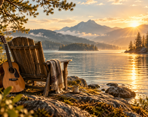A chair and acoustic guitar beside a sunlit lake, evoking presence and unhurried living