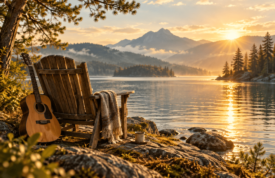 A chair and acoustic guitar beside a sunlit lake, evoking presence and unhurried living