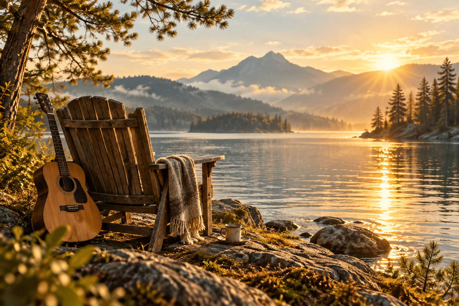A chair and acoustic guitar beside a sunlit lake, evoking presence and unhurried living