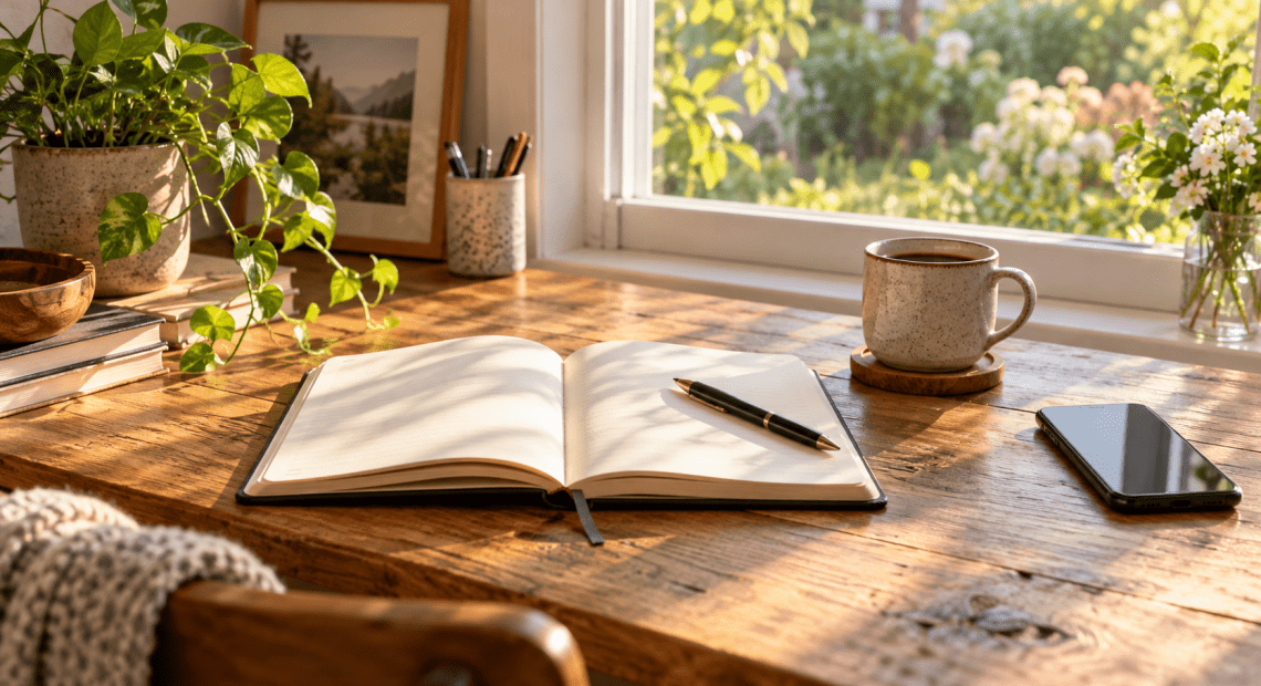 An open notebook and pen on a sunlit desk, with a phone set aside.